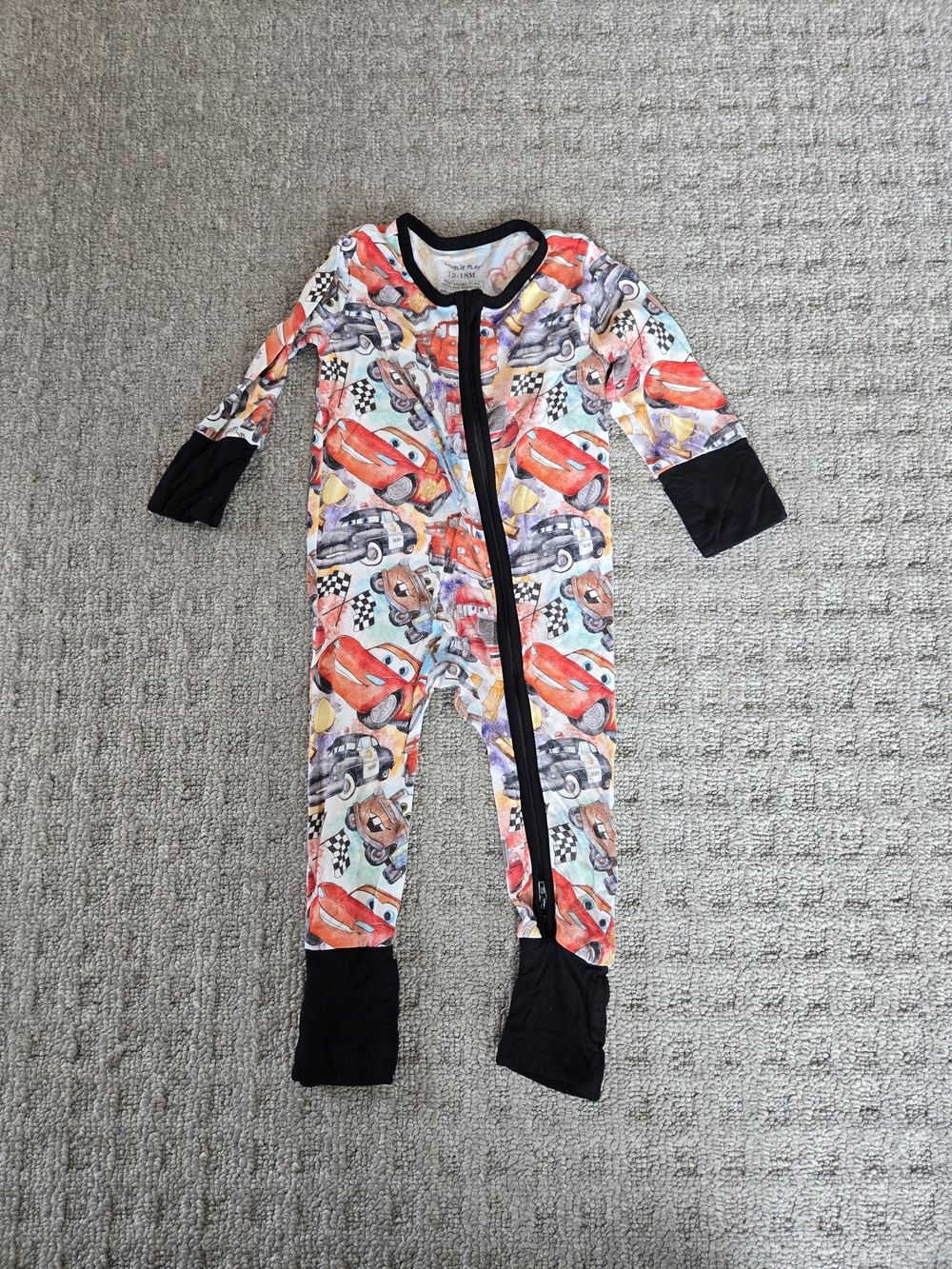 Cars-Print Red Toddler One-Piece Pajamas with Black Trim